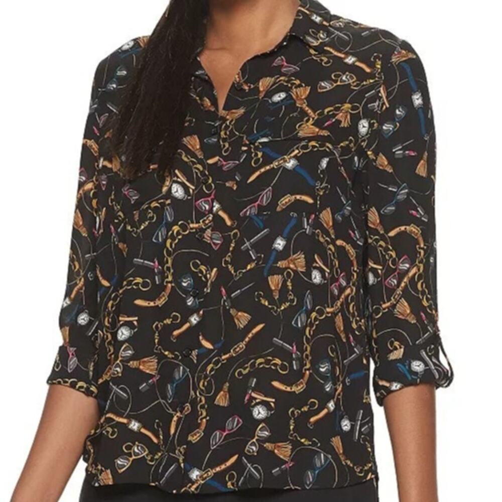 APT 9 XL Blouse Black Roll Tab Sleeve Beauty Chain Accessories Button Pockets